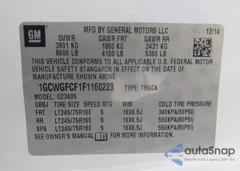 2015 Chevrolet Express 2500 Work Van z USA, uszkodzony, nr VIN 1GCWGFCF1F1160223